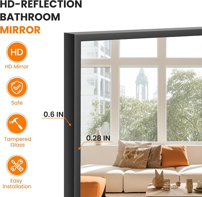 Bathroom Vanity Mirror for Wall, 60"x36" Bathroom Mirror for Over Sink | HD Shatterproof Glass, Rectangular Metal Frame, Horizontally or Vertically, Mirror for Bathroom, Living Room, Entryway(Black)