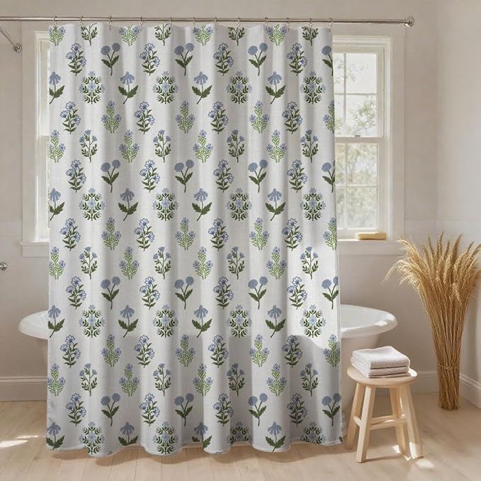 MUGINYU Abstract Vintage Floral Cotton Shower Curtain - Floral Block Print Pattern in Blue and Green,Botanical Boho Shower Curtain Set for Rustic Farmhouse Frenchy Bathroom Decor 72x72 Inch