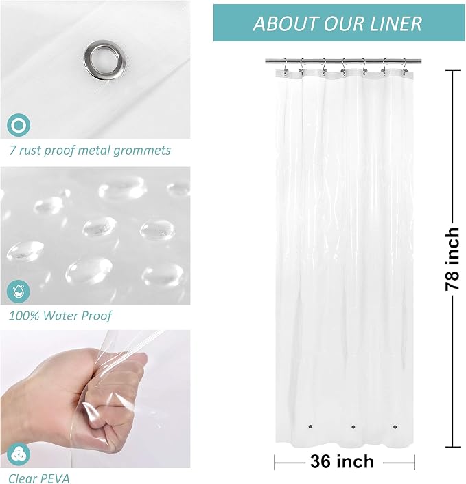 36x78 Stall Size Shower Curtain Liner Clear | 3 Bottom Magnets,7 Rustproof Grommets,Water Proof Heavy Duty PEVA,36W x 78H for Small Bathroom or Shower Stall Long Size