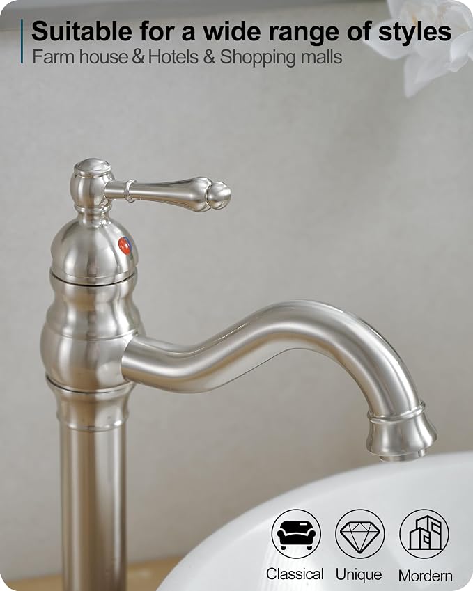 Single Handle Bathroom Faucet Brushed Nickel, Brass Vessel Sink Faucet 360 Degree Swivel Tall Bathroom Sink Faucet 1 Hole, Bathroom Faucets with Pop-up Drain & Aerator for Hotels Modern No Noise