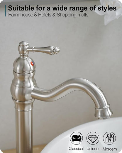 Single Handle Bathroom Faucet Brushed Nickel, Brass Vessel Sink Faucet 360 Degree Swivel Tall Bathroom Sink Faucet 1 Hole, Bathroom Faucets with Pop-up Drain & Aerator for Hotels Modern No Noise
