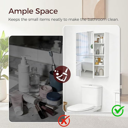 Medicine Cabinet with Mirror, Bathroom Cabinet Wall Mounted with 2 Mirrored Doors, Wooden Hanging Storage Cabinet with Adjustable Shelves, for Bathroom Vanity, Entryway, Living Room, White