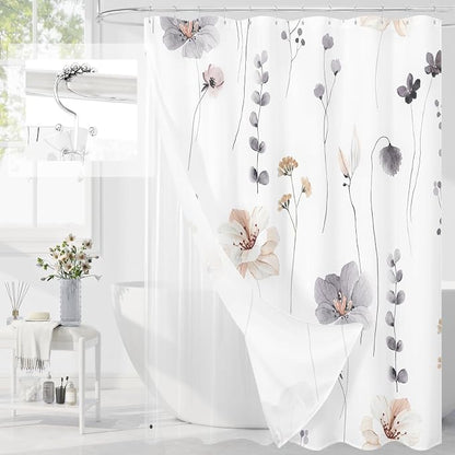 Long 3 in 1 Shower Curtain Set, 72x78 | Long 3 in 1 Shower Curtain Set, PEVA Liner Set & 12 Double Sided Steel Hooks, Waterproof Fabric Bathroom Curtain