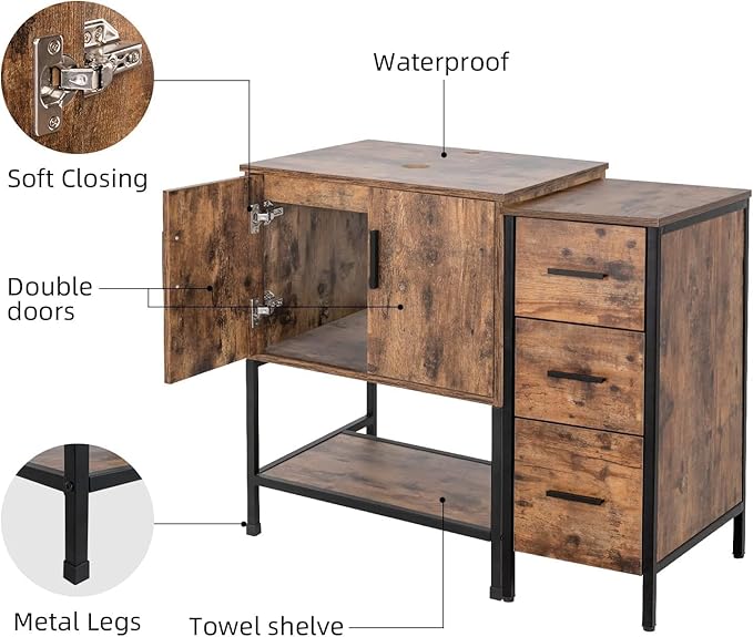 UEV 48" Antique Bathroom Vanity, Dark Brown Bathroom Vanity Set with Sink and 3 Drawers Side Cabinet Combo, Iron Wood Bathroom Cabinet with Adjustable Water Temperature Faucet (T03)