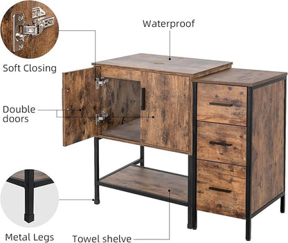 UEV 48" Antique Bathroom Vanity, Dark Brown Bathroom Vanity Set with Sink and 3 Drawers Side Cabinet Combo, Iron Wood Bathroom Cabinet with Adjustable Water Temperature Faucet (A07)