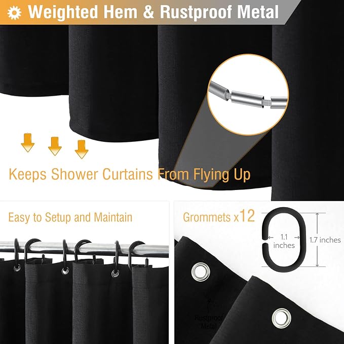 Long Linen Textured Waterproof Thick Shower Curtain Set, 72x84, Black | Tall Size, 230GSM Polyester, Heavy Duty Cloth, Weighted Hem, 12 Plastic Hooks, Modern Luxury Hotel Style, Machine Washable