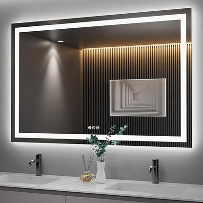 LED Bathroom Mirror 55"X36" with Front Light and Backlit | Stepless Dimmable, Anti-Fog, Shatter-Proof, HD Reflection, Memory, 3 Colors Lighting, UL Listed (Horizontal/Vertical).