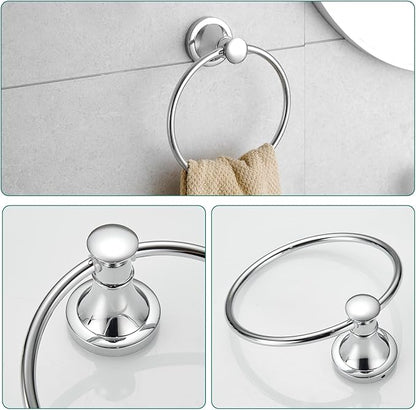 Hoimpro Chrome 4-Piece Bathroom Bath Set, Wall Mount Bathroom Hardware Fixture (Adjustable Towel Bar Rack, Towel Ring Holder, Paper Towel Holder, Double Towel Hook), Bathroom Accessories