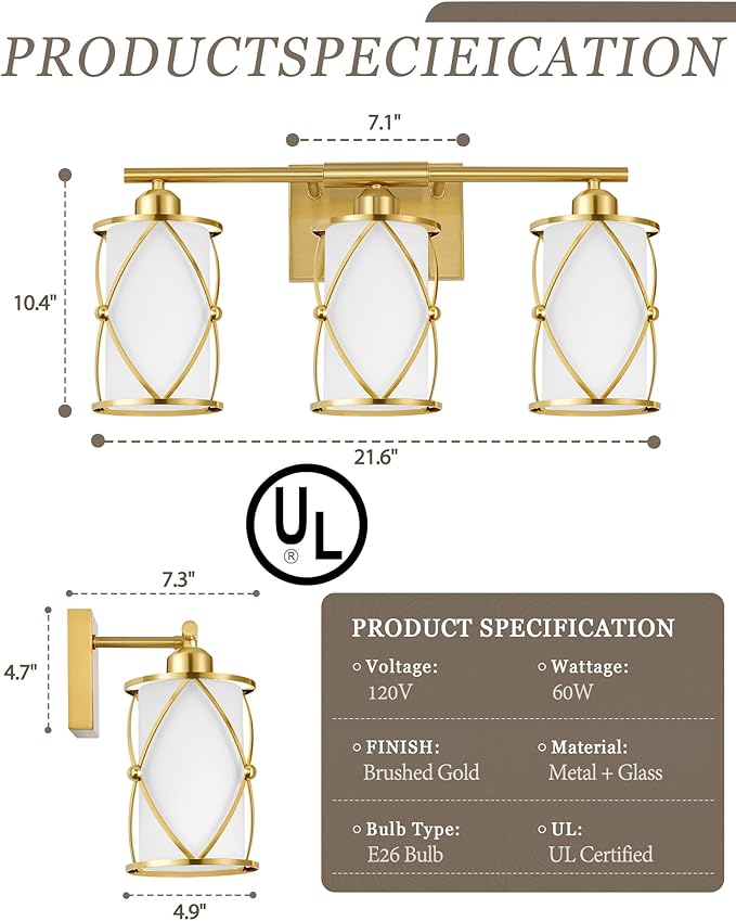 3-Light Brushed Gold Bathroom Light Fixtures with Milk Frosted Glass, 21" Modern Bathroom Vanity Lighting Fixtures Over Mirror with Metal Cage, Wall Sconce Lights for Bath, E26, CH9176BGW-3W