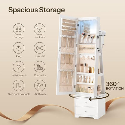 HOOBRO 360° Swivel Jewelry Cabinet with LED Lights, Standing Jewelry Armoire with 2 Drawers, Rotatable Full-Length Mirror Jewelry Organizer, Lockable Jewelry Storage Cabinet Makeup Brush Boxes, White