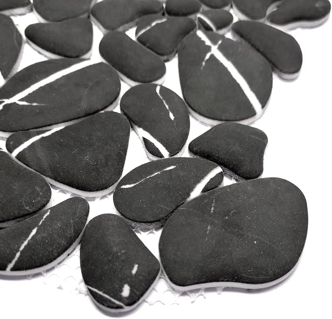 SUNWINGS 10-Sheet Pebble Tile for Shower Floor Border Kitchen Bathroom Backsplash, Black Marquina Recycled Glass Marble Stone Looks Wall and Floor Tile, Covers 7.9 Sq. Ft