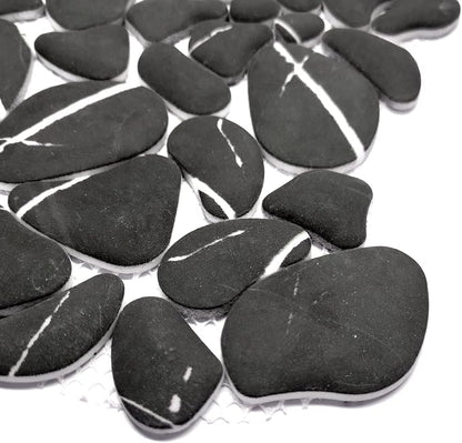 SUNWINGS 10-Sheet Pebble Tile for Shower Floor Border Kitchen Bathroom Backsplash, Black Marquina Recycled Glass Marble Stone Looks Wall and Floor Tile, Covers 7.9 Sq. Ft