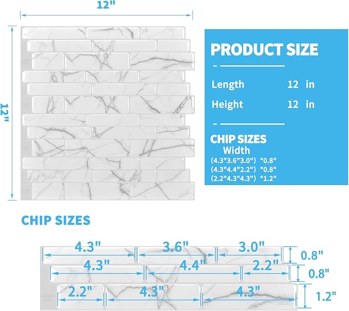 Art3d Stone Peel and Stick Backsplash, 10-Sheet, 12" x 12", White Marble | Lightweight, Self Adhesive, Moisture Resistant, Easy to DIY, Modern Style, for Kitchen, Bedroom, Ideal for New Home Buyers