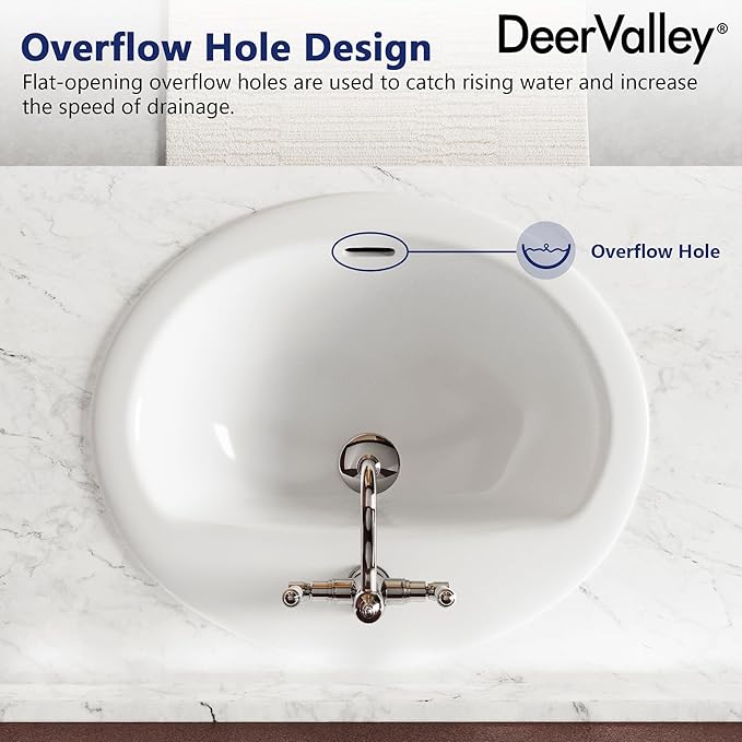 DeerValley Oval Drop-In Bathroom Sink 20x17 Inch, White Ceramic Vessel Basin with Overflow and Single Faucet Hole for Vanity Installation