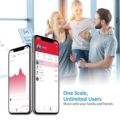 FITINDEX Scale with BMI, Body Fat, Muscle Mass, Smart Scale for Body Weight, Bluetooth, Digital, Sync with App, User Health Equipment | Body Composition Scale for Body Weight, High Accuracy for Weight Loss, Batteries Included, Multi-User Support, Home Use