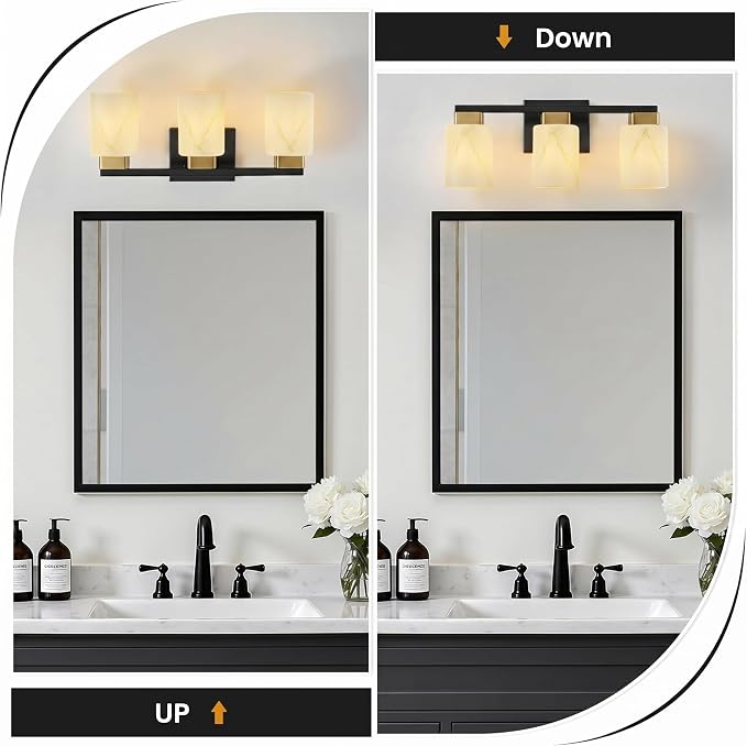 3-Light Square Bathroom Light Fixture, Black and Gold Modern Vanity Light with White Marble Glass Shade, for Bathroom Mirror, Living Room, Bedroom, Hallway, E26 Base