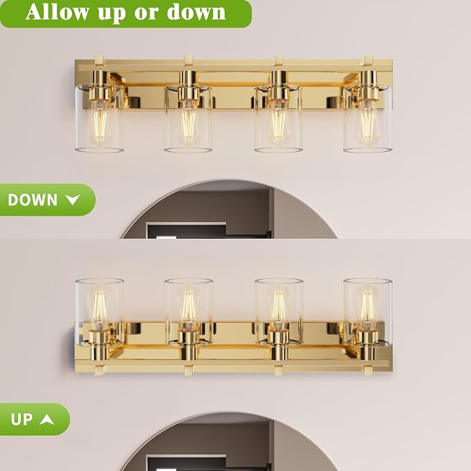 4-Light 30inch Brushed Gold Vanity Light, Thickened Clear Glass | Over Mirror for Bathroom, Rust Resistant, E26 Base, Easy Install, Removable Glass Shade Horizontal Mount, Dimmable