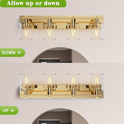 4-Light 30inch Brushed Gold Vanity Light, Thickened Clear Glass | Over Mirror for Bathroom, Rust Resistant, E26 Base, Easy Install, Removable Glass Shade Horizontal Mount, Dimmable