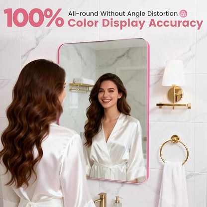 18 x 24 Inch Pink Bathroom Mirror Wall Mounted, Matte Aluminum Alloy Frame with Rounded Corners, Shatterproof Tempered Glass, Anti-Rust HD Vanity Mirror for Bathroom, Bedroom, Entryway