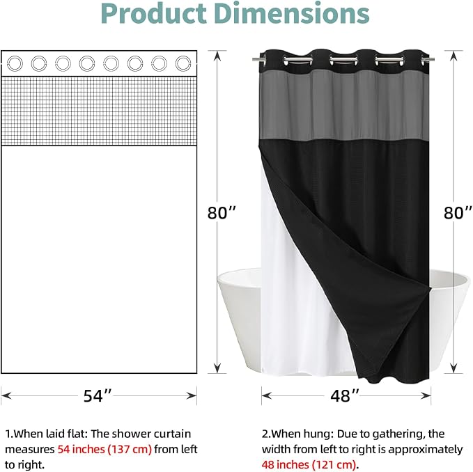 eachope No Hook Waffle Shower Curtain with Snap-in Liner, 54x80 Inch, Black | 230GSM waffle weave fabric, waterproof liner set with 2 bottom magnets, mesh window, washable, for shower stalls or bathrooms