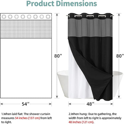 eachope No Hook Waffle Shower Curtain with Snap-in Liner, 54x80 Inch, Black | 230GSM waffle weave fabric, waterproof liner set with 2 bottom magnets, mesh window, washable, for shower stalls or bathrooms