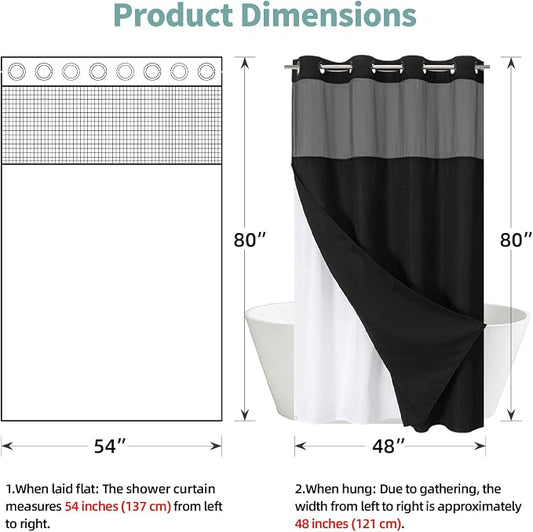eachope No Hook Waffle Shower Curtain with Snap-in Liner, 54x80 Inch, Black | 230GSM waffle weave fabric, waterproof liner set with 2 bottom magnets, mesh window, washable, for shower stalls or bathrooms