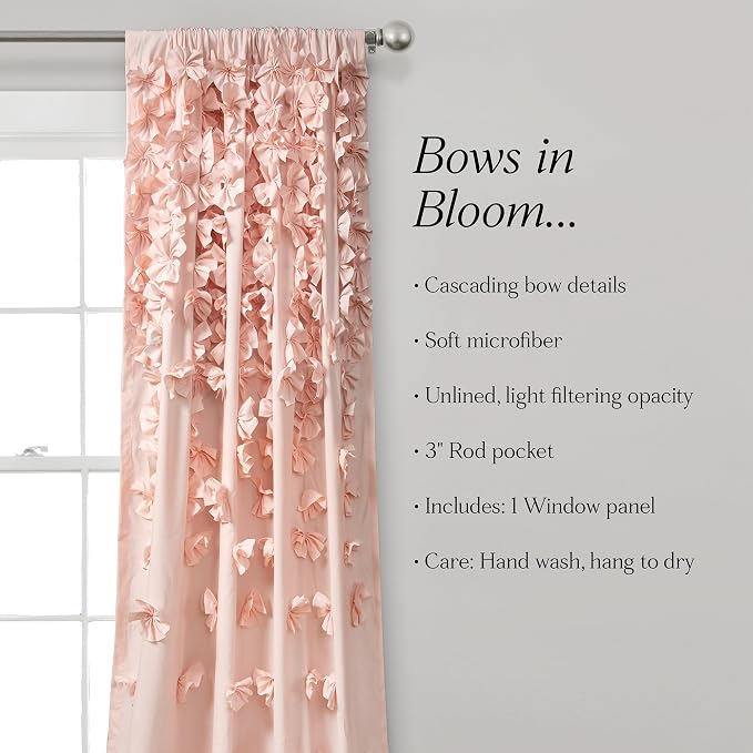Lush Decor Riley Light Filtering Window Curtain Panel, Single 54" W x 95" L, Blush - Cute Pink Curtains for Bedroom - Bow Decor - Coquette Curtains for Windows