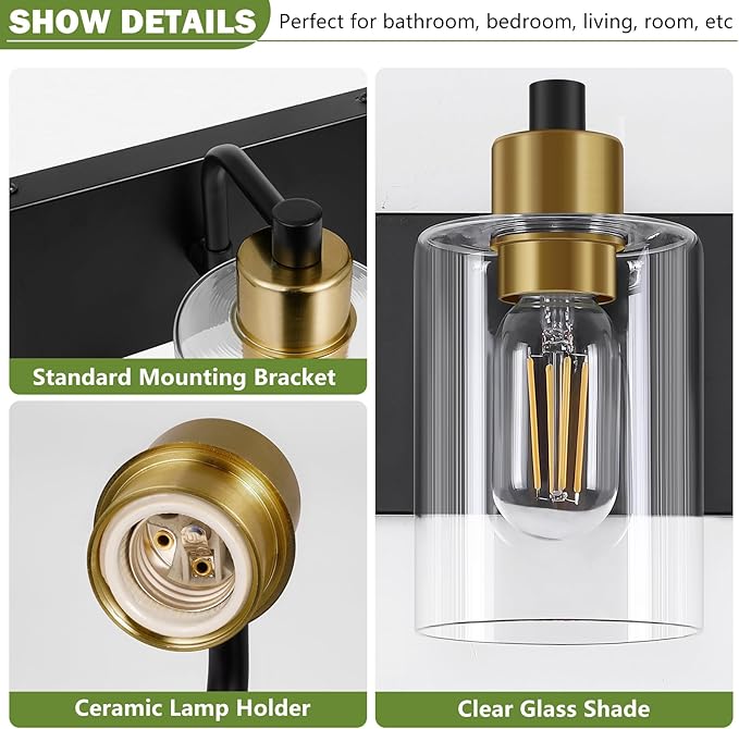 Bathroom Light Fixtures,Matte Black and Gold 3-Light Bathroom Lights with Clear Glass Shade,Modern Wall Sconces Over Mirror for Bathroom, Black&Gold, JD-188