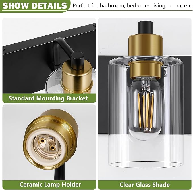 Dpyrrhic Bathroom Light Fixtures, Matte Black and Gold 2-Light Bathroom Lights Over Mirror with Clear Glass Shade,Wall Sconces for Bathroom