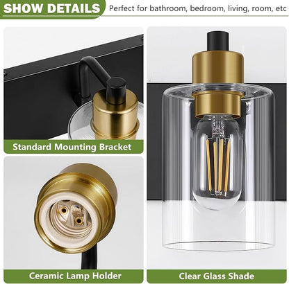 Dpyrrhic Bathroom Light Fixtures,Matte Black and Gold 4-Light Bathroom Lights with Clear Glass Shade,Modern Wall Sconces Over Mirror for Bathroom