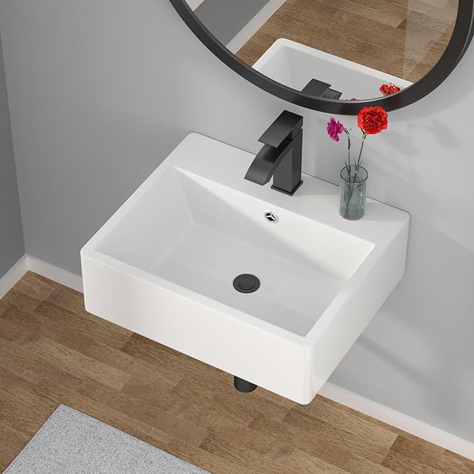 Wallmounted Bathroom Vessel Sink - 20"x17" Rectangular Floating Wall Hung Sinks Ceramic Wash Hand Basin White Wall Mount Vanity Sink for Mordern Bathroom