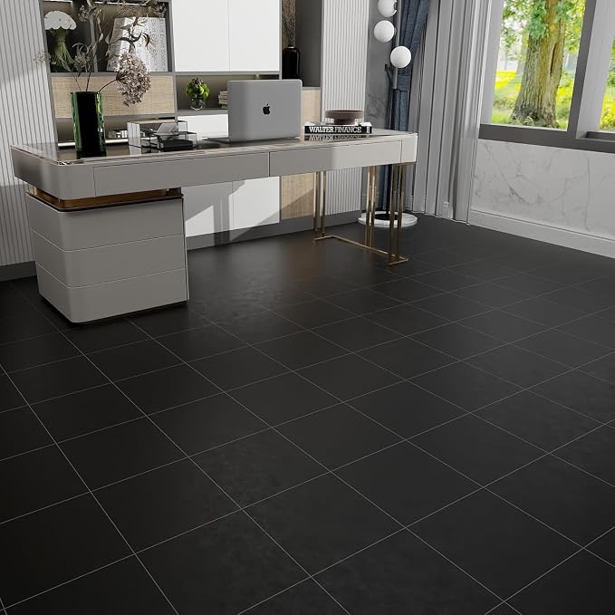 Lareko Black Marble Peel and Stick Vinyl Floor Tiles,20 Tiles - 12" x 12",Waterfproof and Self Adhesive Vinyl Sticker Tiles,Laminate Flooring for for Kichen,Bathroom,Dining Room(Black)