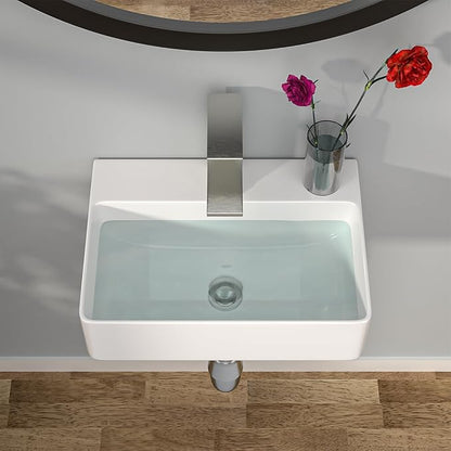 Floating Bathroom Sink Wall Mounted - Rectangle Vessel Sink 14" x 10" Small Modern Bathroom Wall Hung Sink White Porcelain Ceramic Vessel Vanity Sinks with Faucet Hole