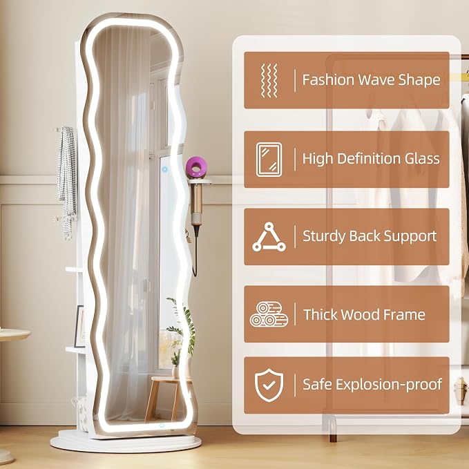 Vlsrka LED Mirror Jewelry Cabinet Standing, 360° Swivel, White | Lockable Jewelry Armoire with Mirror, Interior LED Makeup Mirror, Foldable Shelf, Large Capacity, Gift for Women, Girls