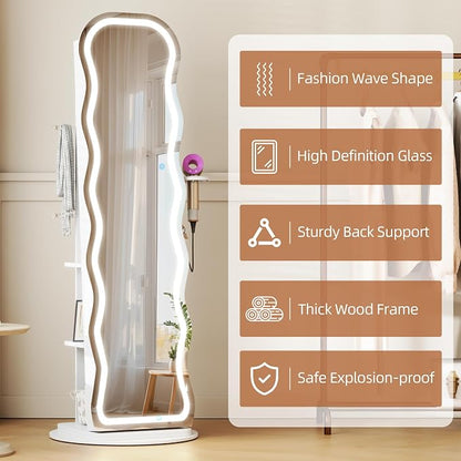 Vlsrka LED Mirror Jewelry Cabinet Standing, 360° Swivel, White | Lockable Jewelry Armoire with Mirror, Interior LED Makeup Mirror, Foldable Shelf, Large Capacity, Gift for Women, Girls