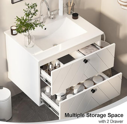 24 inch Bathroom Vanity with Sink, Floating Bathroom Vanity, Wall Mount & 2 Soft-Close Drawers, Modern Floating Vanity with Ceramic Sink, White