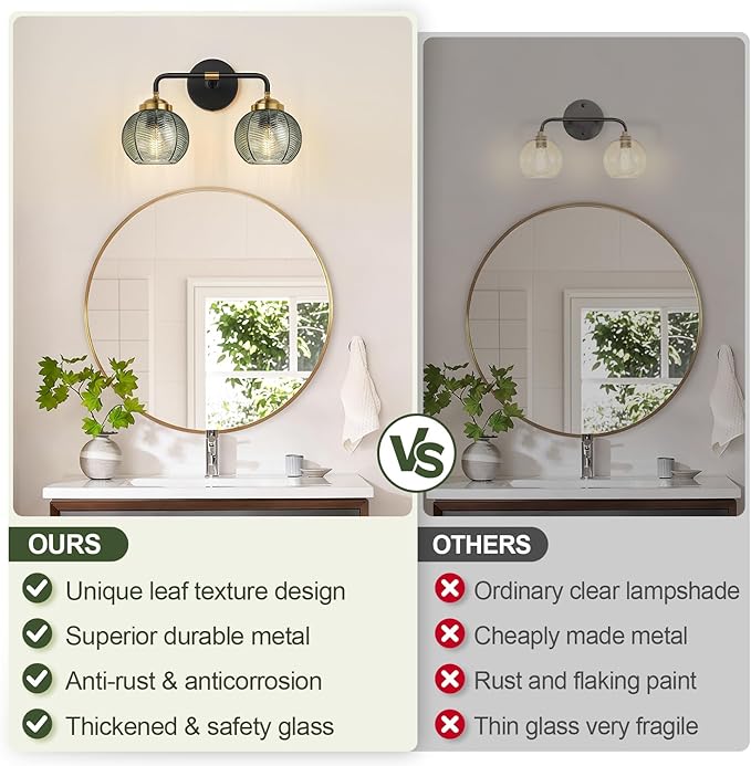 Bathroom Light Fixtures, 2-Light Green Vanity Lights with Unique Leaf Texture Glass Shade, Modern Matte Black and Gold Bathroom Wall Lamp for Mirror Hallway Cabinet Living Room