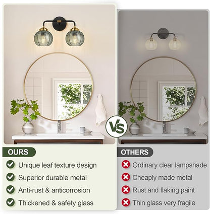 Bathroom Light Fixtures, 2-Light Green Vanity Lights with Unique Leaf Texture Glass Shade, Modern Matte Black and Gold Bathroom Wall Lamp for Mirror Hallway Cabinet Living Room