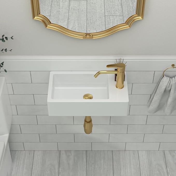 Wall Mount White Ceramic Bathroom Sink | Beslend 18x10 Small Wall Mounted Rectangle Sink White Porcelain Sink with Single Faucet Hole Wall Hung Hand Wash Art Basin