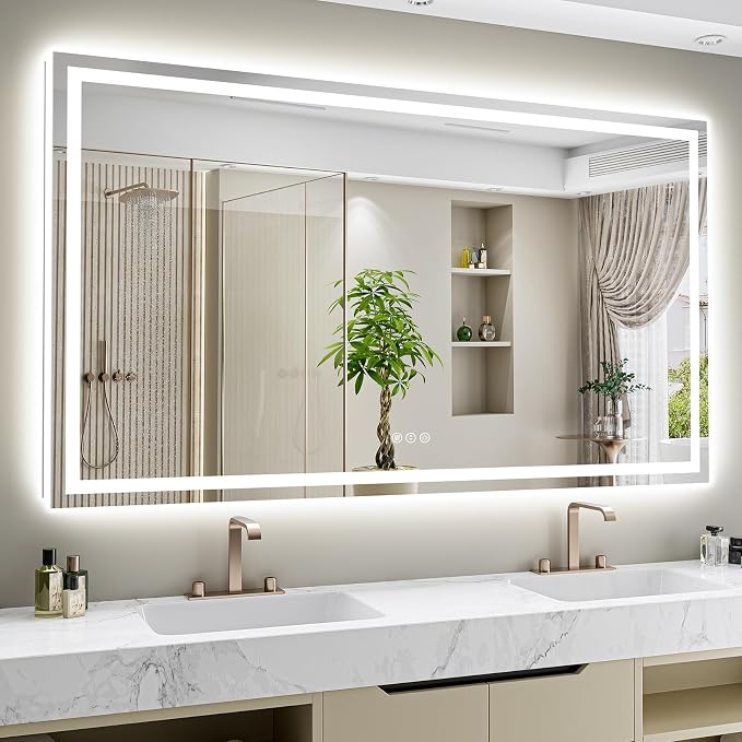 72x48 LED Bathroom Mirror with Lights, Lighted Vanity Mirror | Backlit and Front Light, Anti-Fog, 3 Color Dimmable, Memory, Tempered Glass, IP54 Waterproof, UL Listed