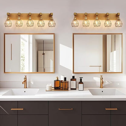 Farmhouse Bathroom Light Fixtures, 5-Light Gold Bathroom Vanity Light, Rustic Matte Antique Brass Finish with Metal Lampshade, Wall Sconces for Bedroom, Living Room, Hallway