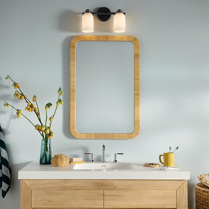 Kichler Shae 15" 2-Light Vanity Light with White Opal Glass in Black, for Bathroom Vanity, Powder Room, Over a Mirror, (15" W x 9" H), 55201BK