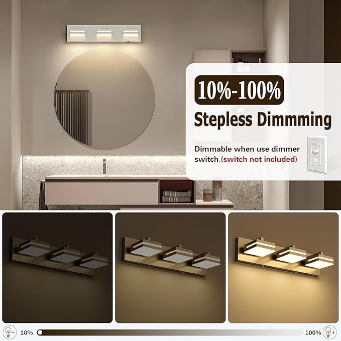 Joossnwell Brushed Nickel Vanity Lights for Bathroom Light Fixtures (3-Light, 19.69-Inch) Dimmable 5CCT Modern Bath Lighing Fixture Over Mirror LED Vanity Lighting
