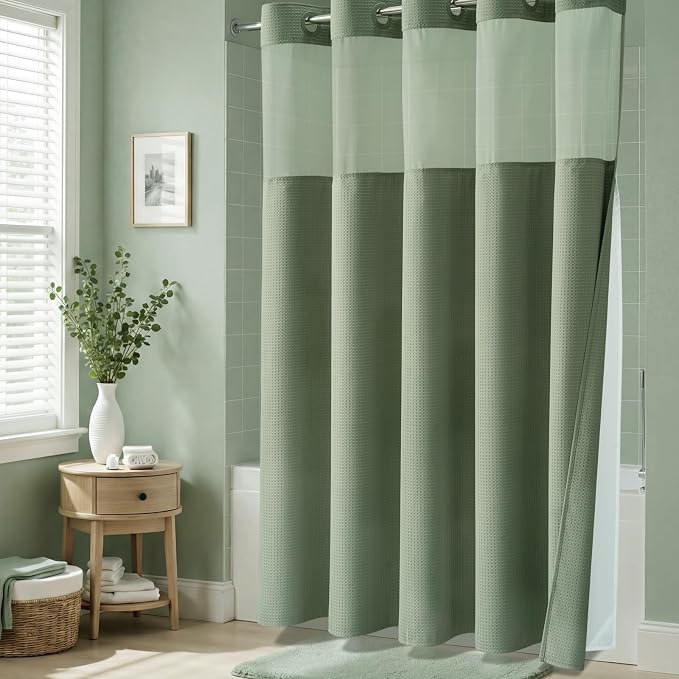 Sage Green Hook Free Waffle Shower Curtain & Snap-in Liner,72x75 | Less Time to install, 3 in 1 Fabric Shower Curtain and Liner Set with Magnets, Mesh Top Window, Shower Curtains for Bathroom