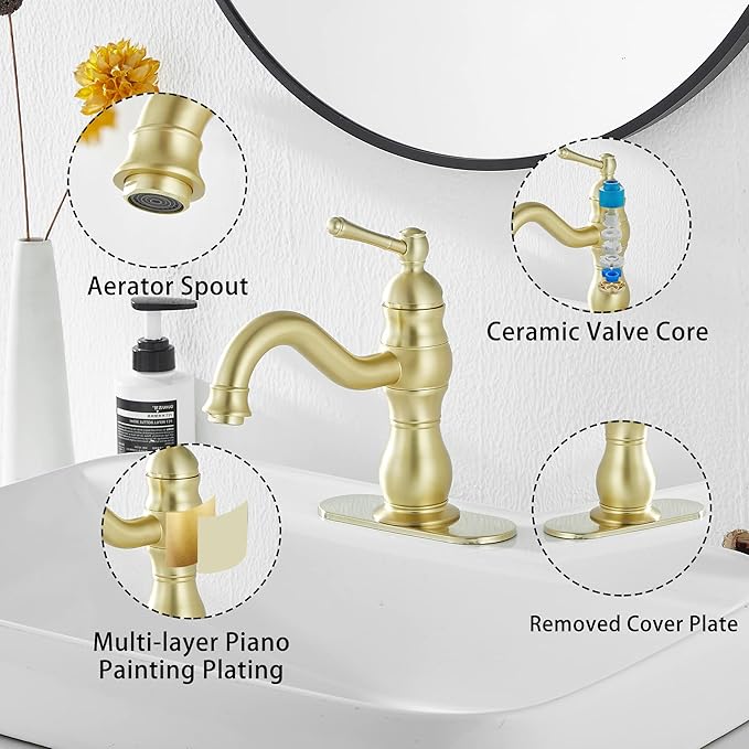 Bathroom Faucet Brushed Gold GGStudy 360° Swivel Bathroom Vanity Faucet Single Handle One Hole Bathroom Sink Faucet Basin Matching Pop Up Drain with Overflow