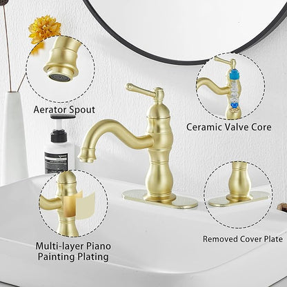 Bathroom Faucet Brushed Gold GGStudy 360° Swivel Bathroom Vanity Faucet Single Handle One Hole Bathroom Sink Faucet Basin Matching Pop Up Drain with Overflow