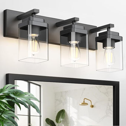 Black Bathroom Light Fixtures, 3 Lights Bathroom Lighting Fixtures Over Mirror, Square Design & Rectangle Large Backplate, Modern Vanity Lighting Fixtures, for Bathroom/Living Room/Bedroom