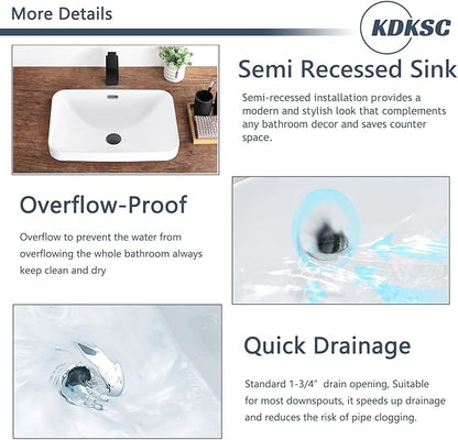 Bathroom Vessel Sink 20.6'' x 14.7'' Semi Recessed Bathroom Sink Rectangular Drop In Sink with Overflow White Ceramic Modern Vessel Sinks for Bathroom