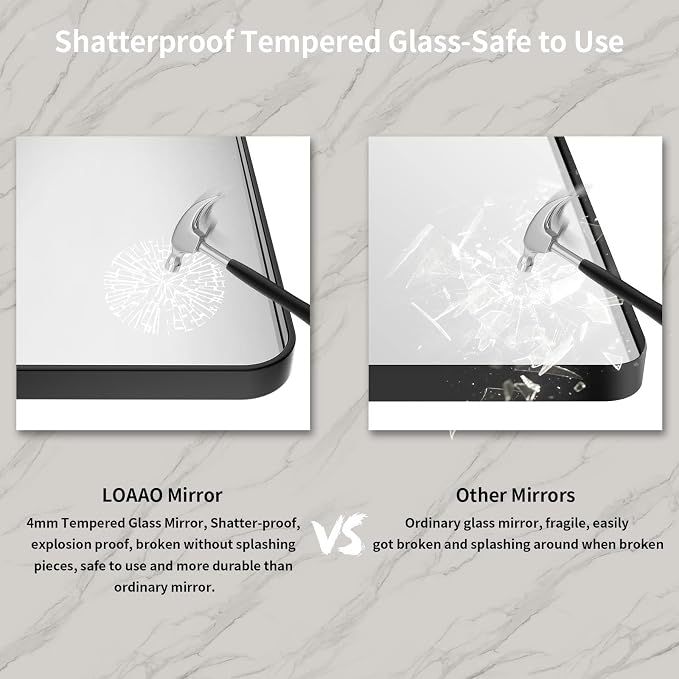 LOAAO 72X36 Inch Black Bathroom Mirror Metal Framed | Matte Black, Rounded Rectangle, Anti-Rust, Tempered Glass, Hangs Horizontally or Vertically