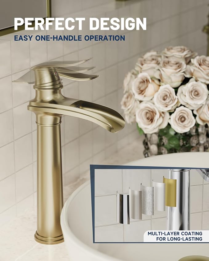 Brushed Gold Vessel Sink Faucet Brass Waterfall Bathroom Faucet Single Hole | with Pop Up Drain Assembly and Supply Hoses, Single Handle Tall Bathroom Faucets Lavatory Vanity Mixer Tap by BATHLAVISH
